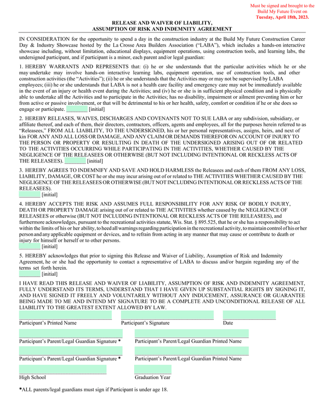 Release And Waiver Of Liability, Assumption Of Risk And Indemnity Agreement screenshot