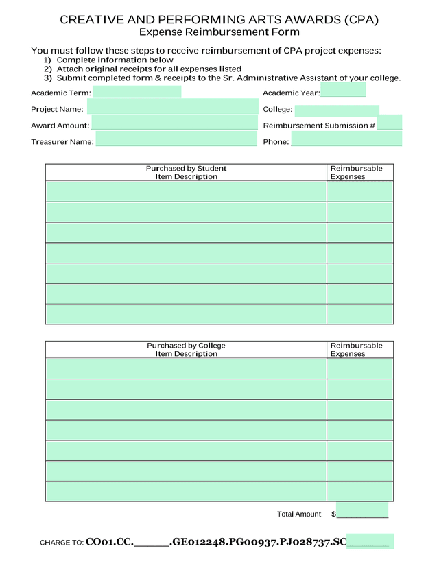 CREATIVE AND PERFORMING ARTS AWARDS (CPA) Expense Reimbursement Form screenshot