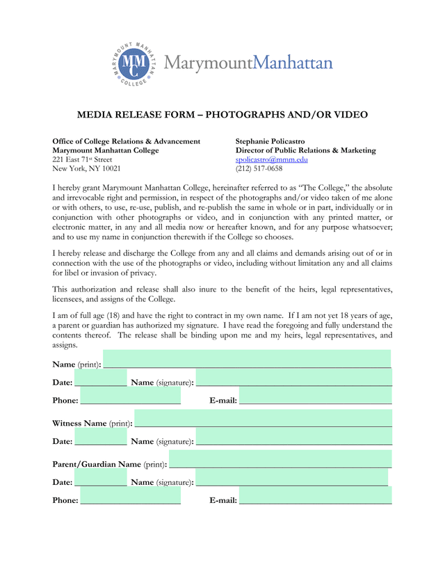 MEDIA RELEASE FORM  PHOTOGRAPHS ANDOR VIDEO screenshot