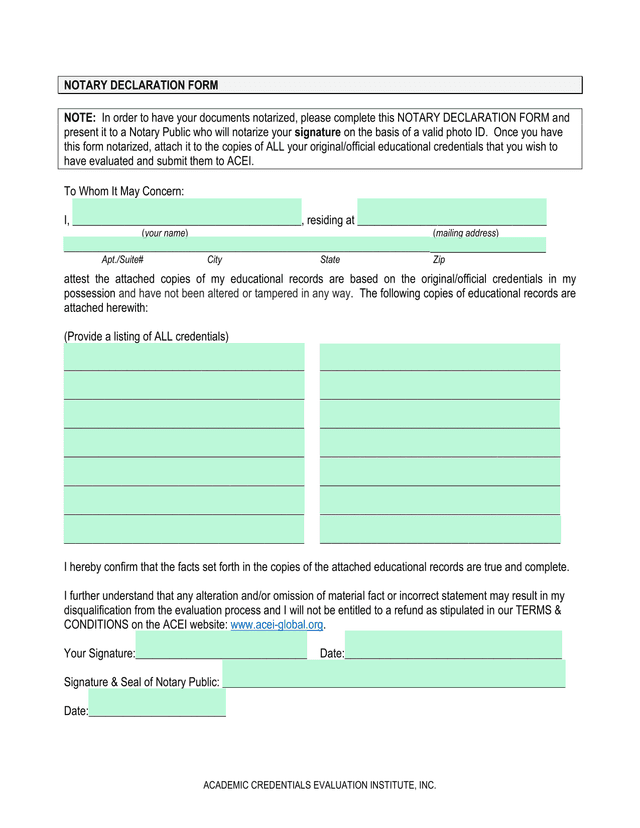 NOTARY DECLARATION FORM screenshot