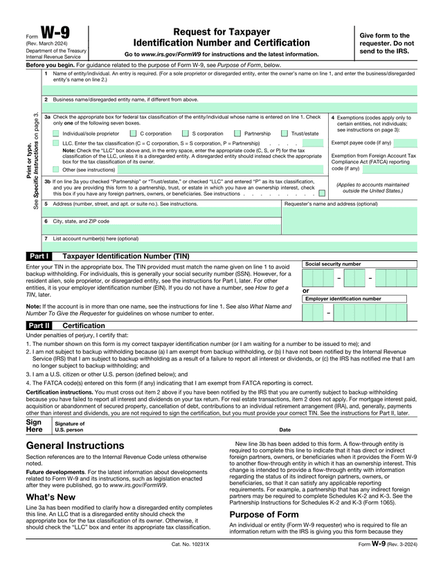 Request For Taxpayer Identification Number  Certification (W 9) screenshot