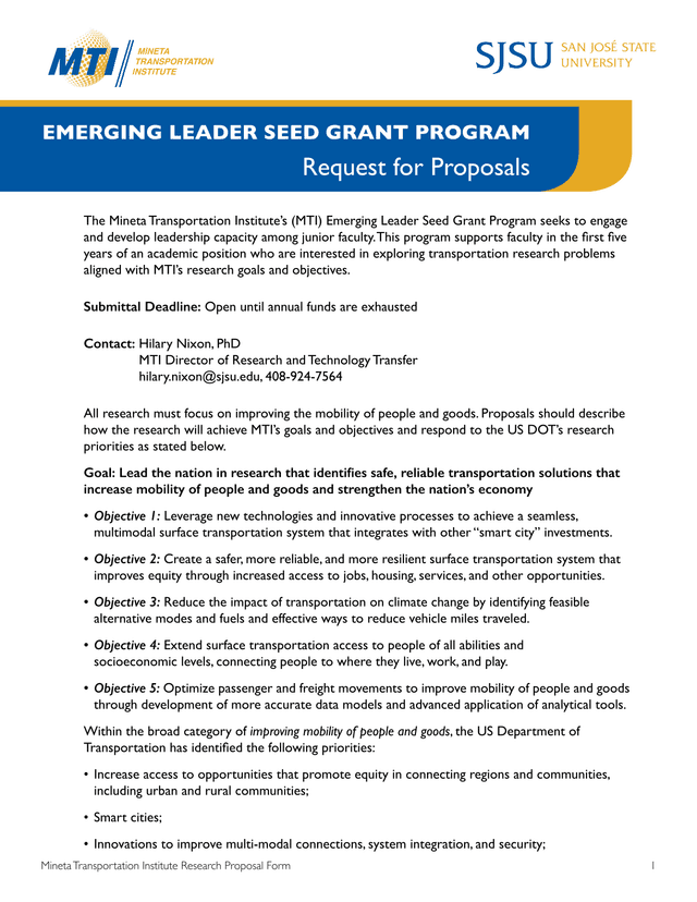 Mineta Transportation Institute Research Proposal Form screenshot