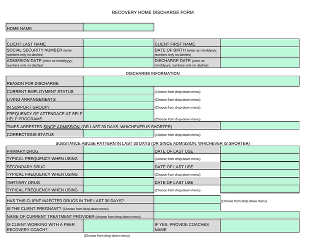 RECOVERY HOME DISCHARGE FORM screenshot