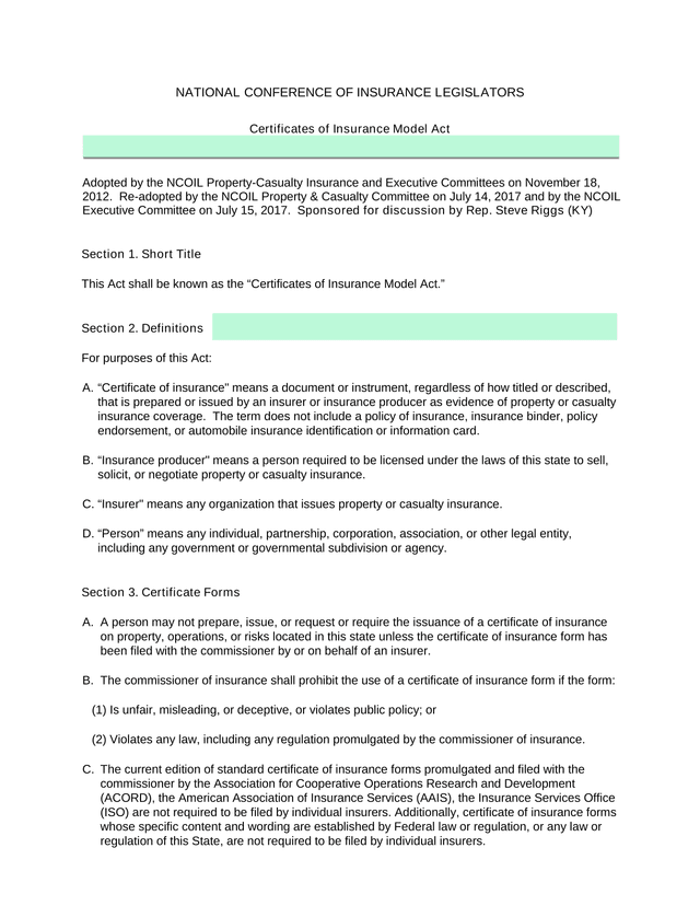 Certificates Of Insurance Model Act screenshot