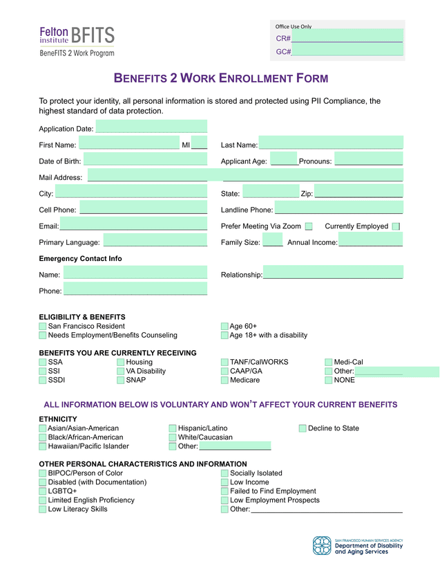 Benefits 2 Work Enrollment Form screenshot