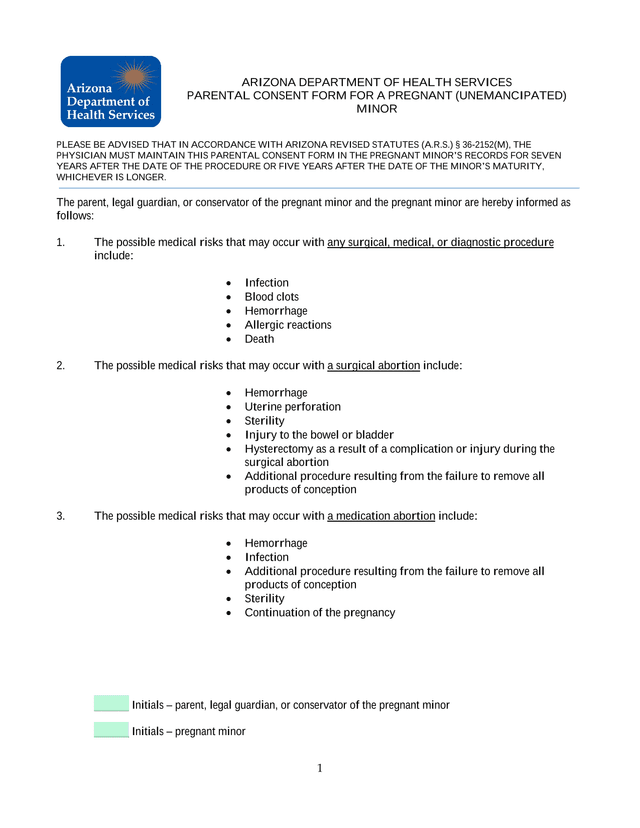 Arizona Department Of Health Services Parental Consent Form For A Pregnant (Unemancipated) Minor screenshot