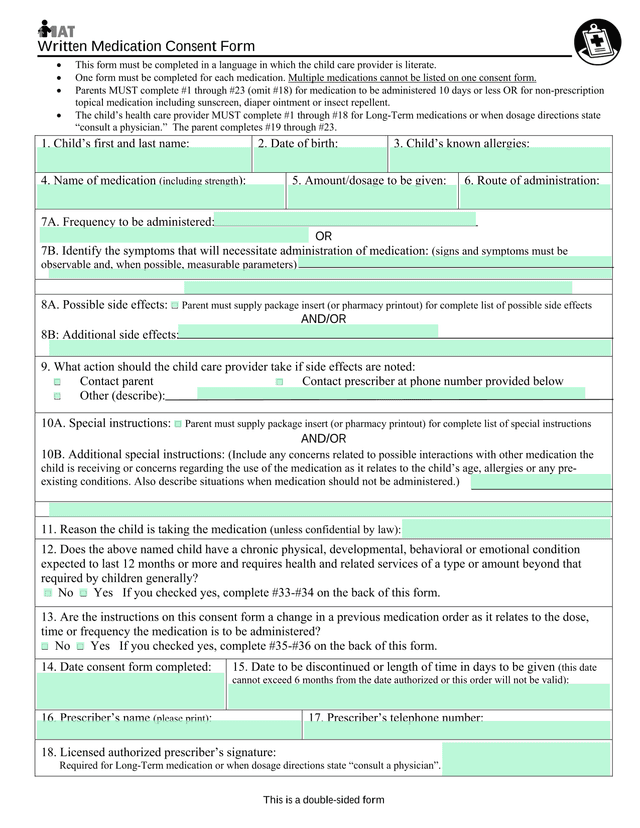 Written Medication Consent Form screenshot
