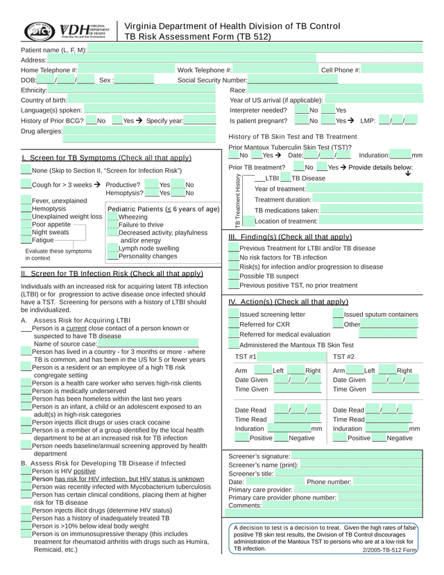 TB Infection Risk Screening Form screenshot