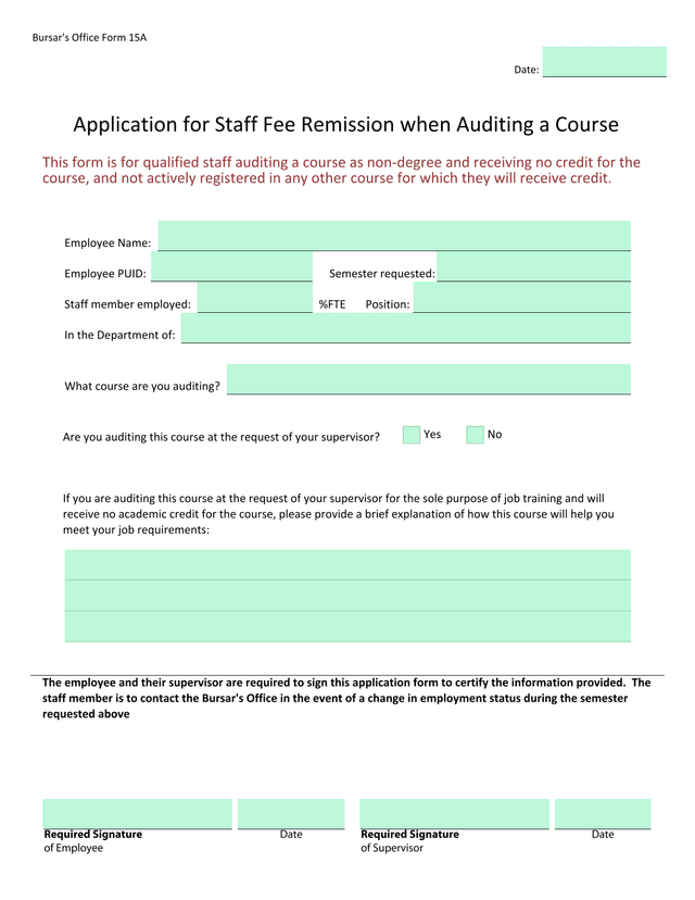BursarS Office Form 15A Application For Staff Fee Remission When Auditing A Course screenshot