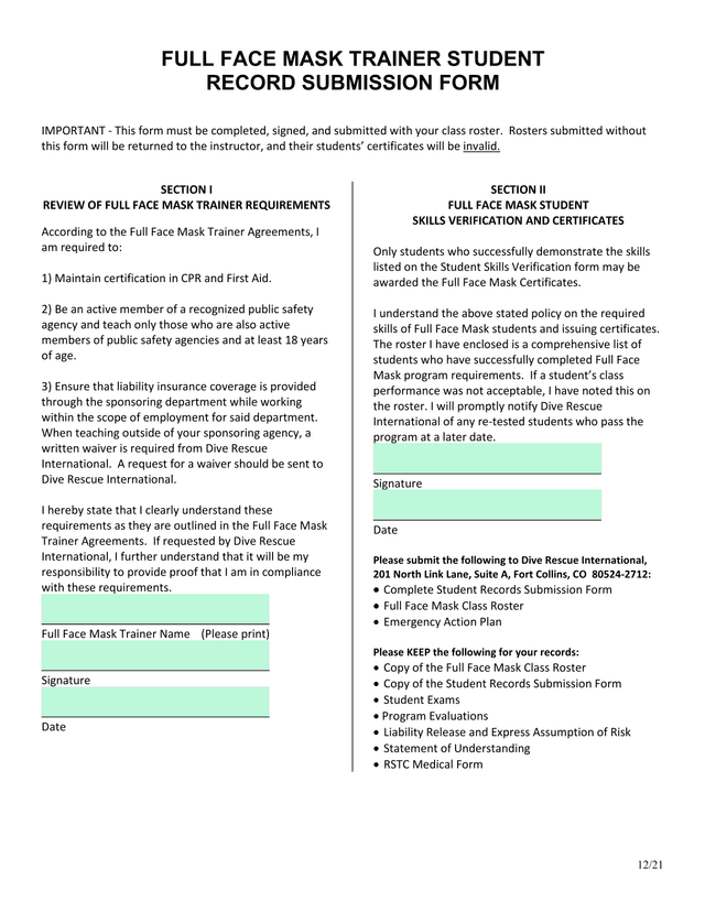 Full Face Mask Trainer Requirements And Skills Verification Form screenshot