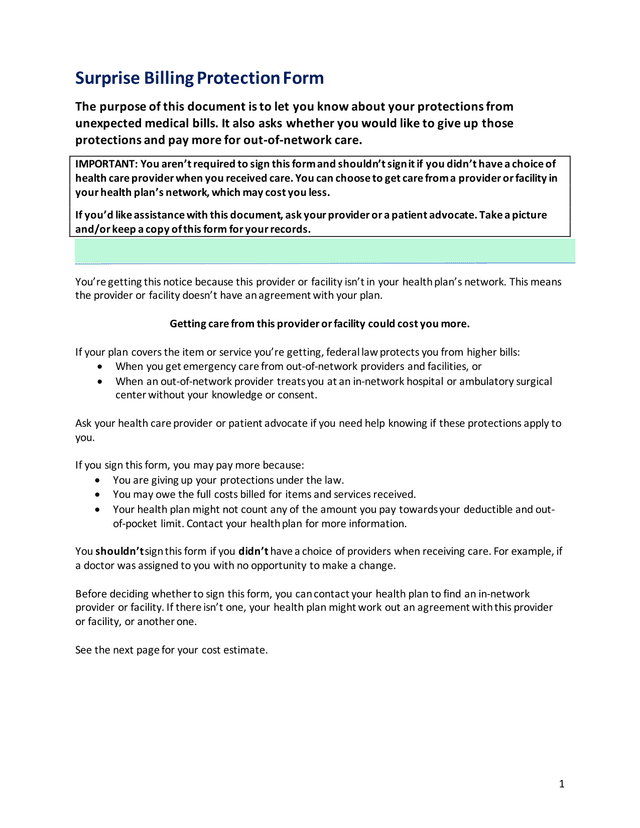 Surprise Billing Protection Form screenshot