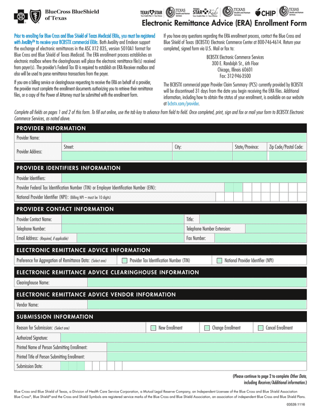 Electronic Remittance Advice (ERA) Enrollment Form screenshot