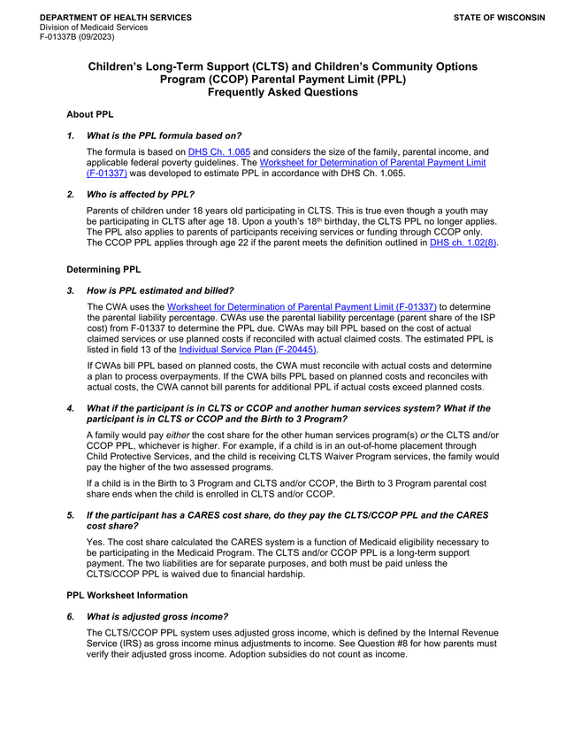 F 01337B ChildrenS Long Term Support (CLTS) And ChildrenS Community Options Program (CCOP) Parental  screenshot