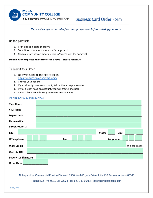 Business Card Order Form screenshot