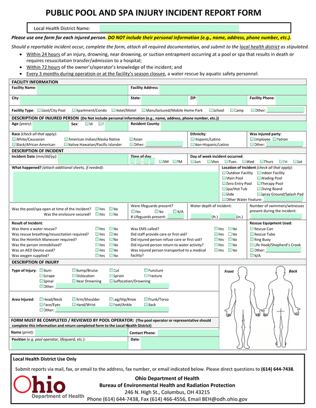 PUBLIC POOL AND SPA INJURY INCIDENT REPORT FORM screenshot