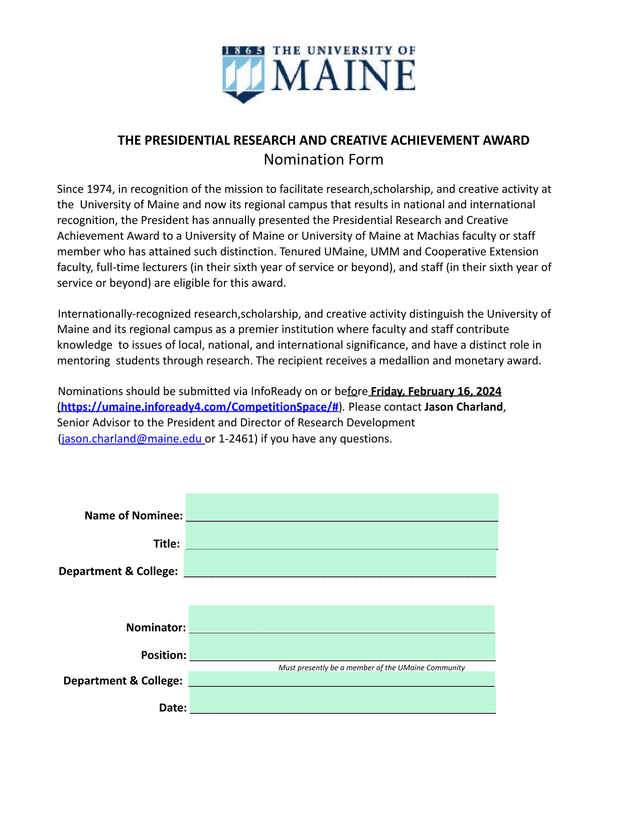 Presidential Research And Creative Achievement Award Nomination Form screenshot