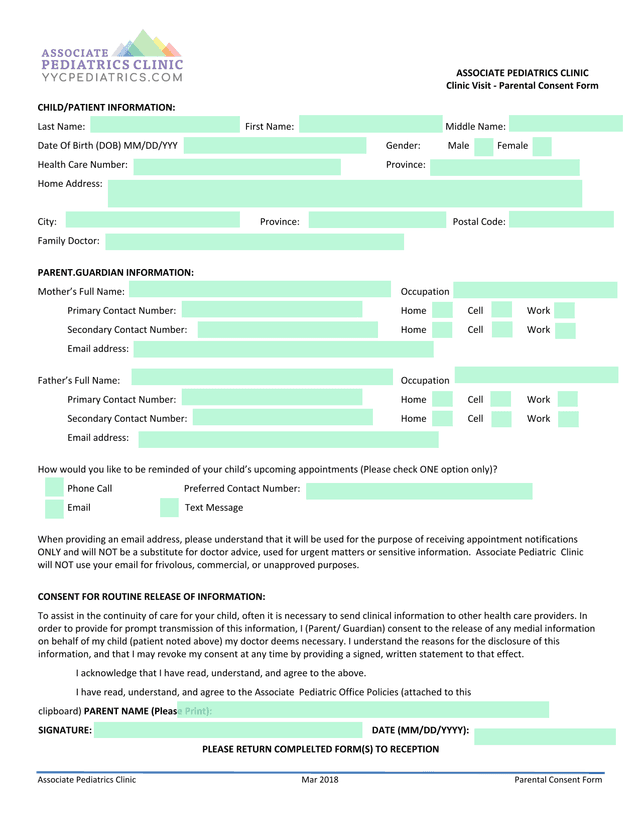 Clinic Visit   Parental Consent Form screenshot