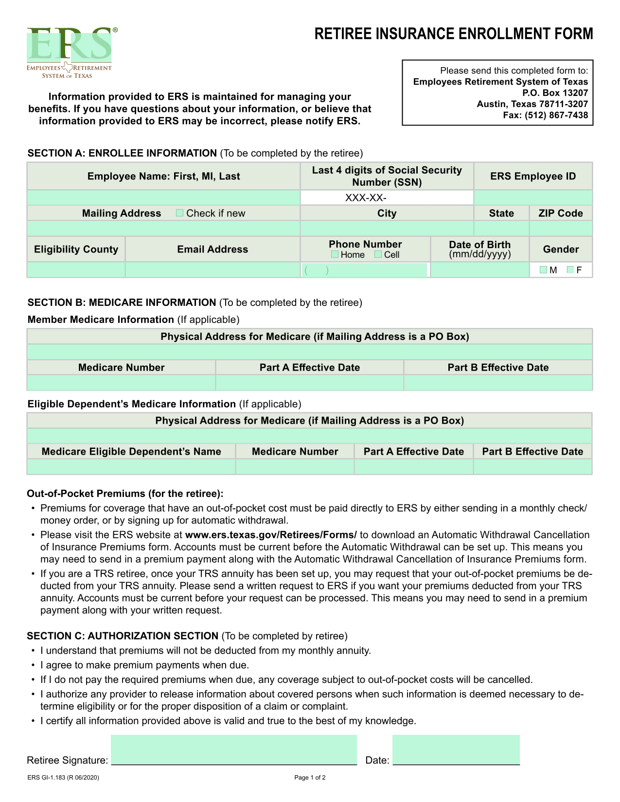 RETIREE INSURANCE ENROLLMENT FORM screenshot