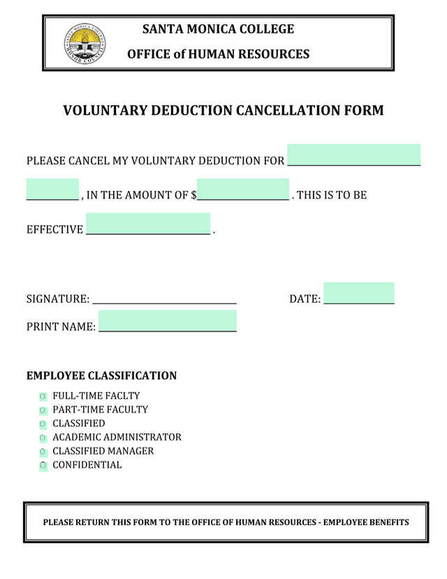 Voluntary Deduction Cancellation Form screenshot