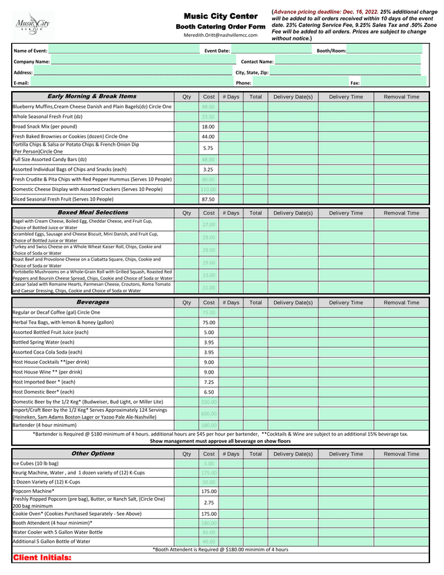 Booth Catering Order Form screenshot