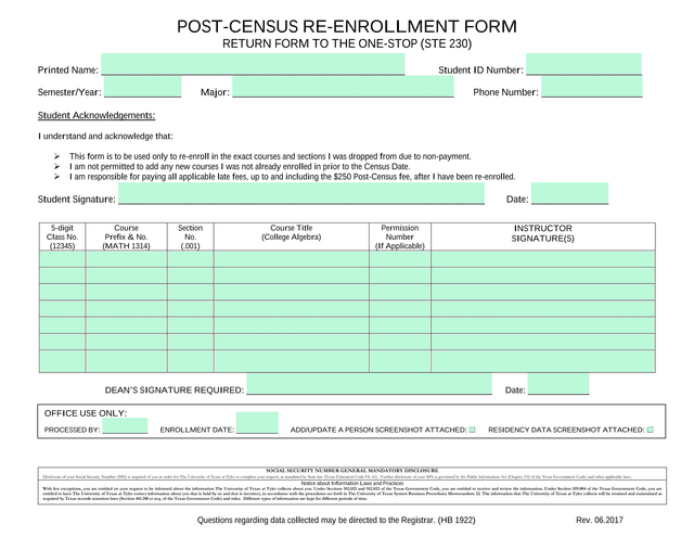 POST CENSUS RE ENROLLMENT FORM screenshot
