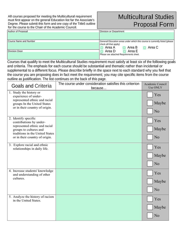 Multicultural Studies Proposal Form screenshot