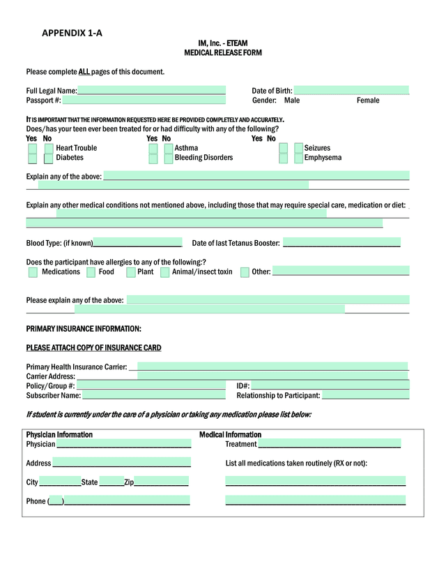 IM, Inc.   ETEAM MEDICAL RELEASE FORM screenshot