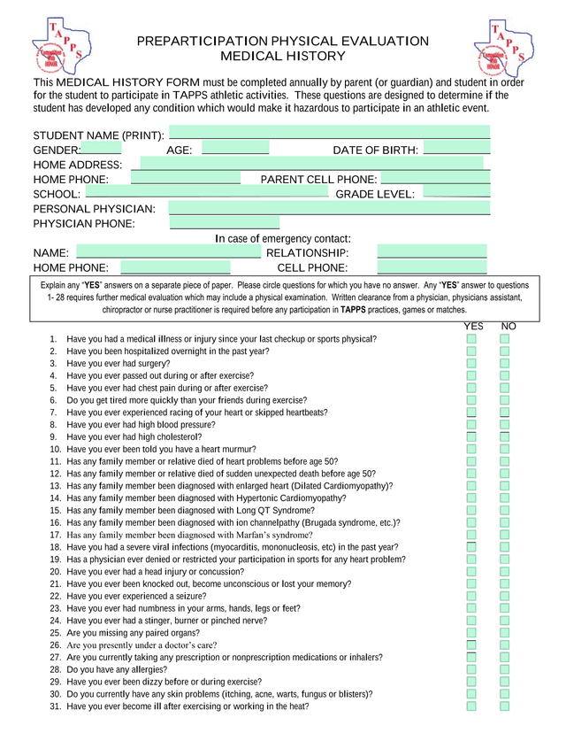 PREPARTICIPATION PHYSICAL EVALUATION MEDICAL HISTORY screenshot