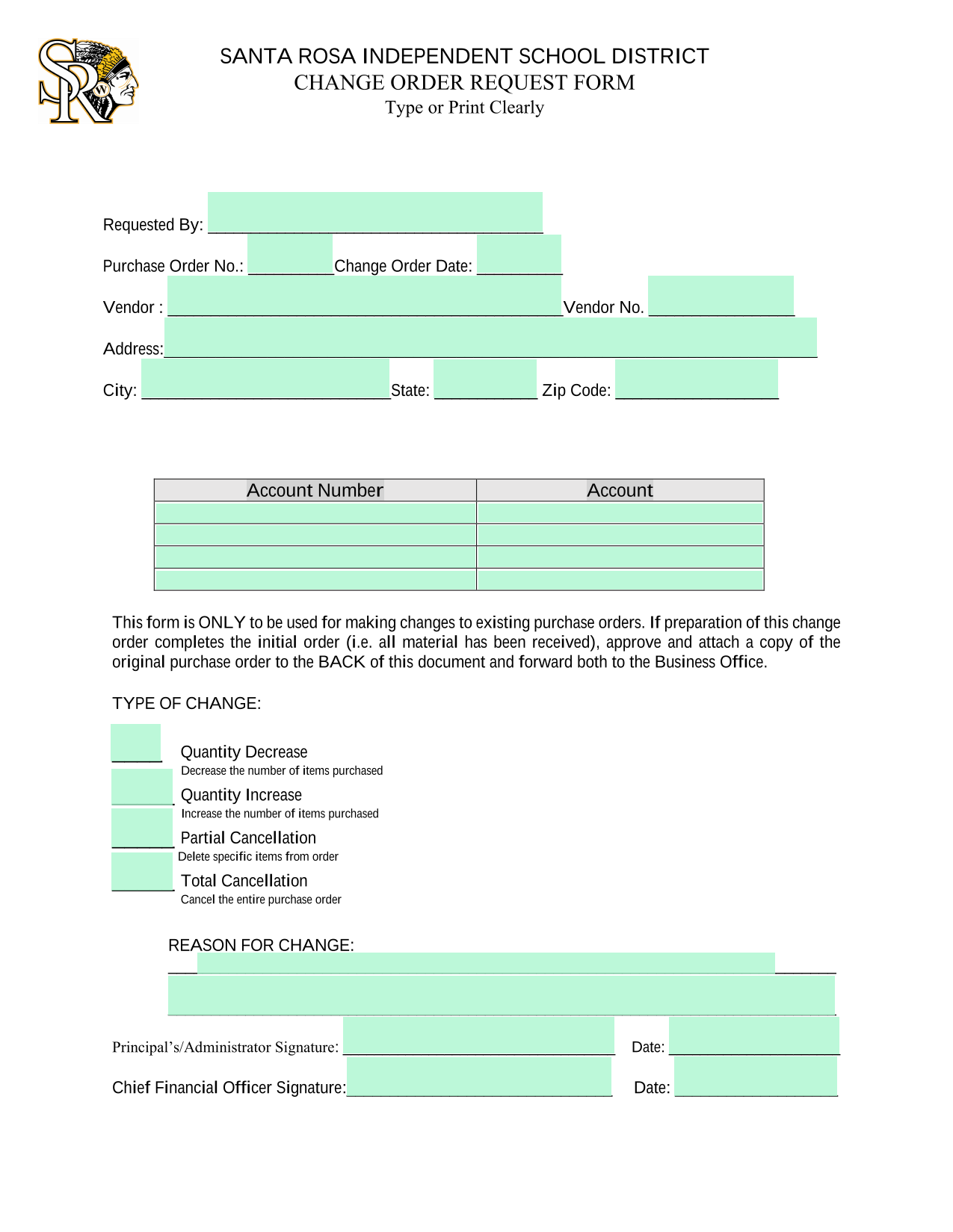 SANTA ROSA INDEPENDENT SCHOOL DISTRICT CHANGE ORDER REQUEST FORM screenshot