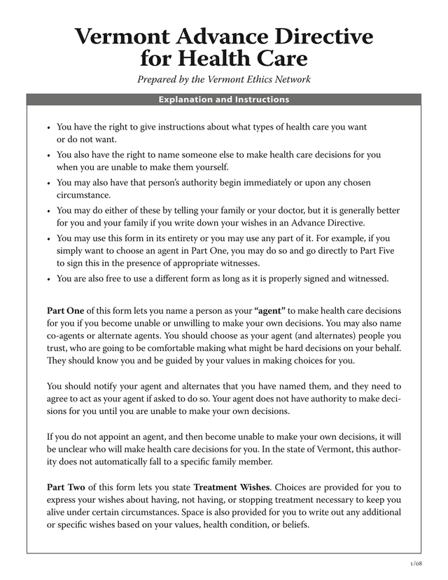 Vermont Advance Directive For Health Care screenshot