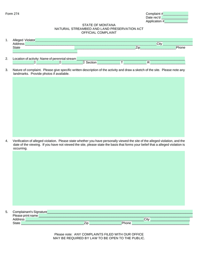 Form 274 Official Complaint screenshot