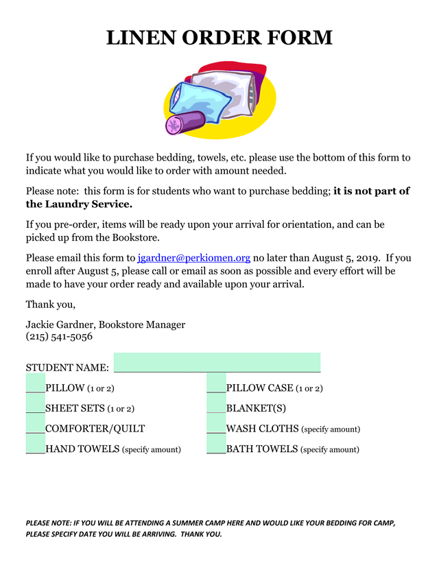 LINEN ORDER FORM screenshot
