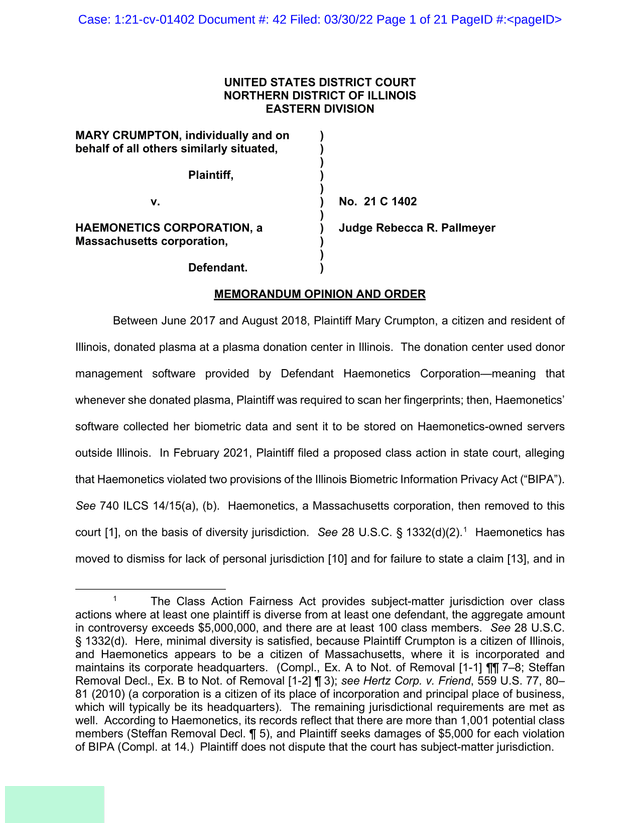 Memorandum Opinion And Order   Crumpton V. Haemonetics Corporation screenshot