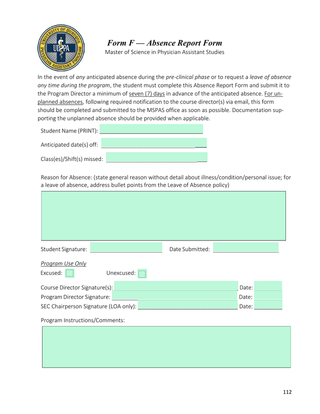 Form F  Absence Report Form screenshot