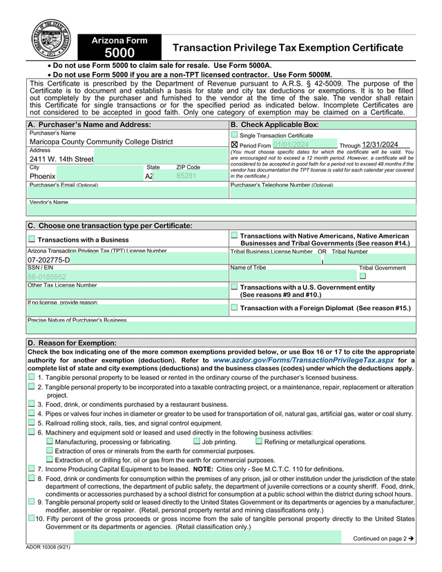 Arizona Form 5000 screenshot