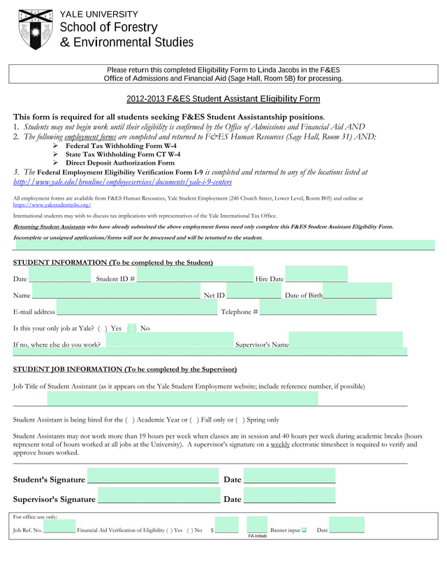 2012 2013 FES Student Assistant Eligibility Form screenshot