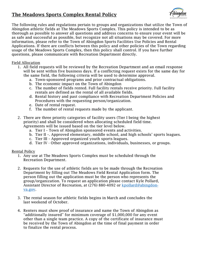 The Meadows Sports Complex Rental Policy screenshot