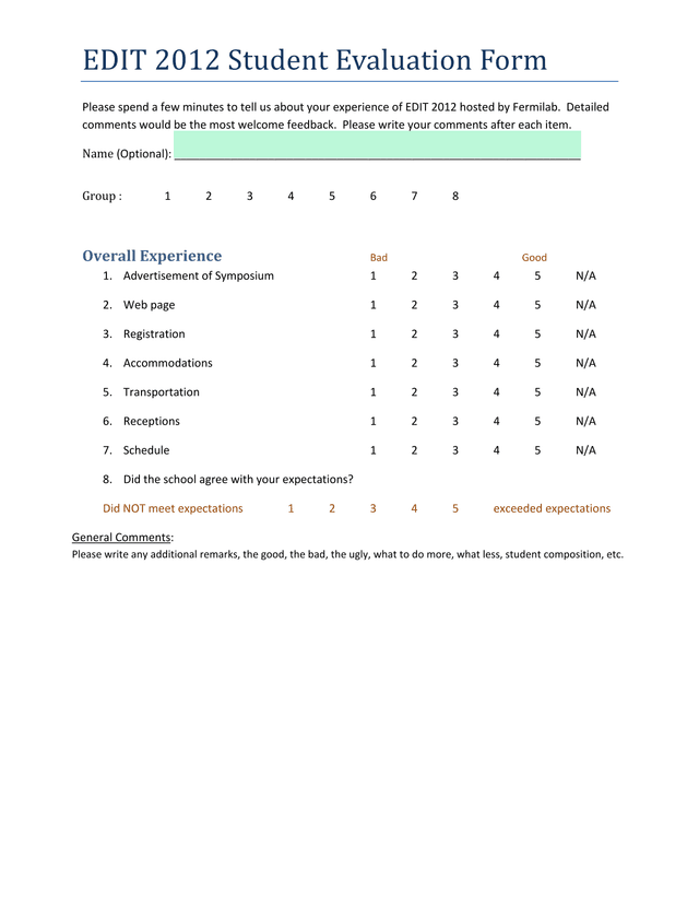 EDIT 2012 Student Evaluation Form screenshot