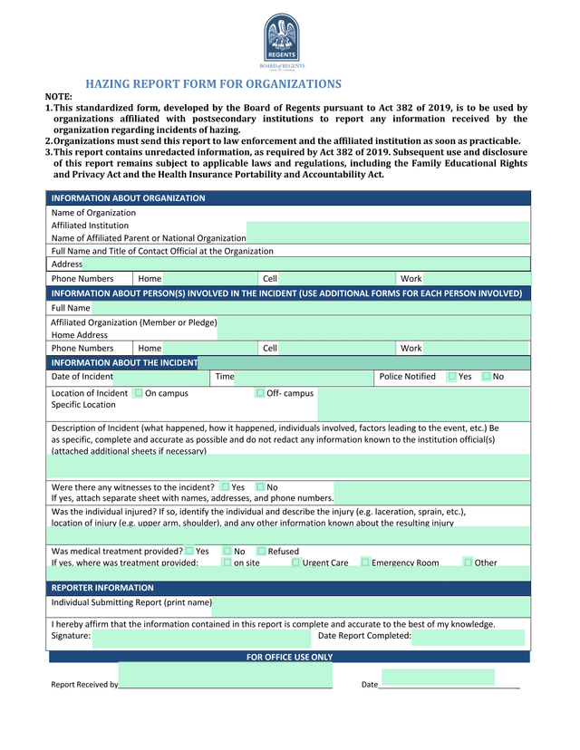 HAZING REPORT FORM FOR ORGANIZATIONS screenshot