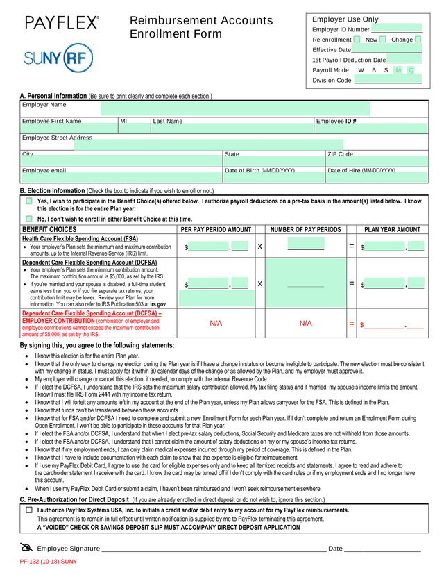 PF 132 SUNY Reimbursement Accounts Enrollment Form screenshot