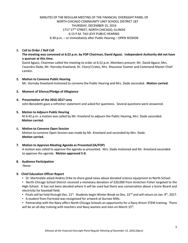 Financial Oversight Panel Regular Meeting Minutes screenshot