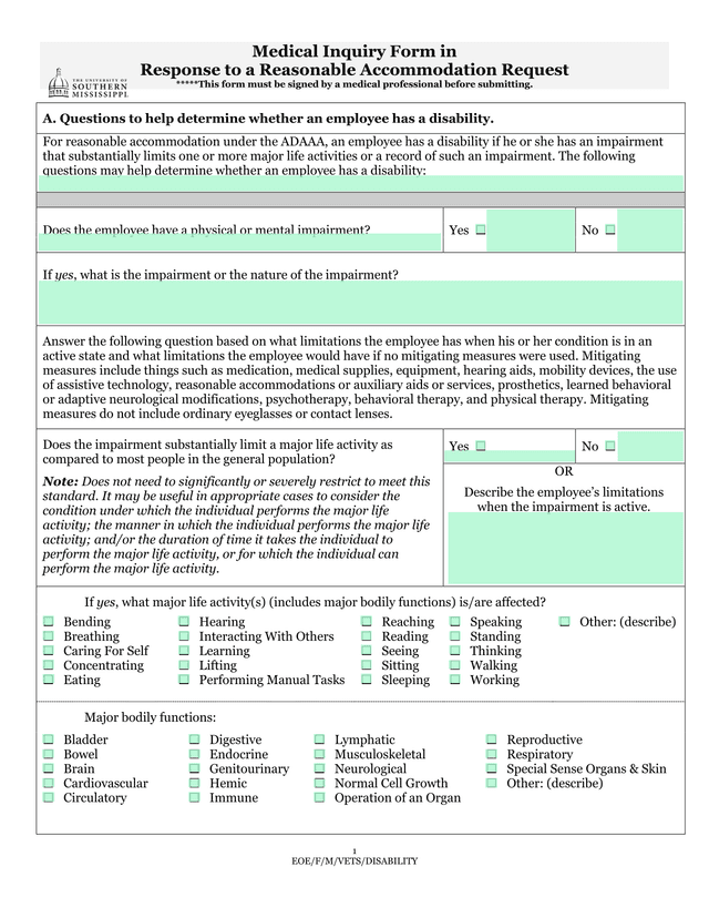 Medical Inquiry Form In Response To A Reasonable Accommodation Request screenshot