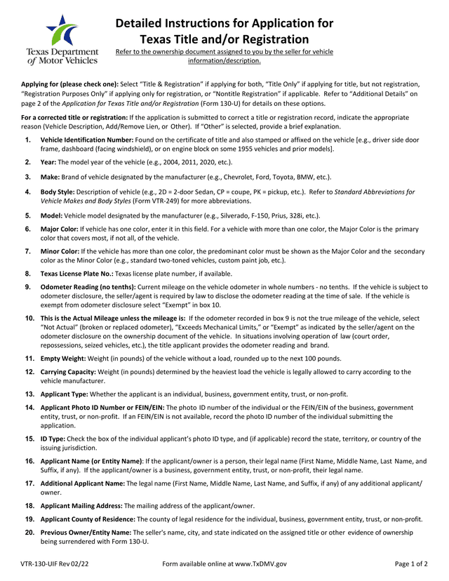 Detailed Instructions For Application For Texas Title AndOr Registration screenshot