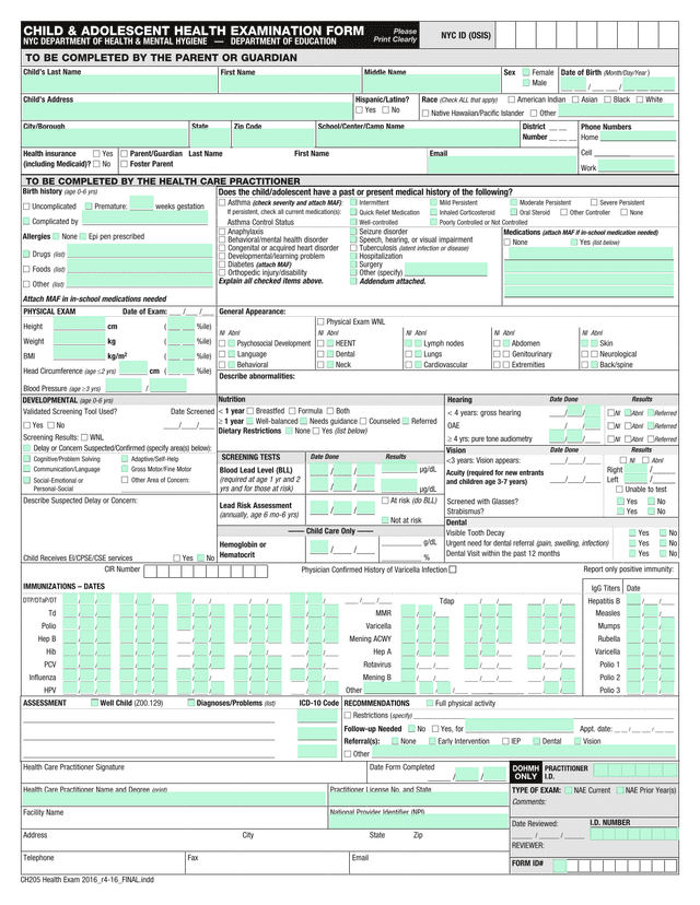 ChildAdolescent Medical History And Physical Exam Form screenshot