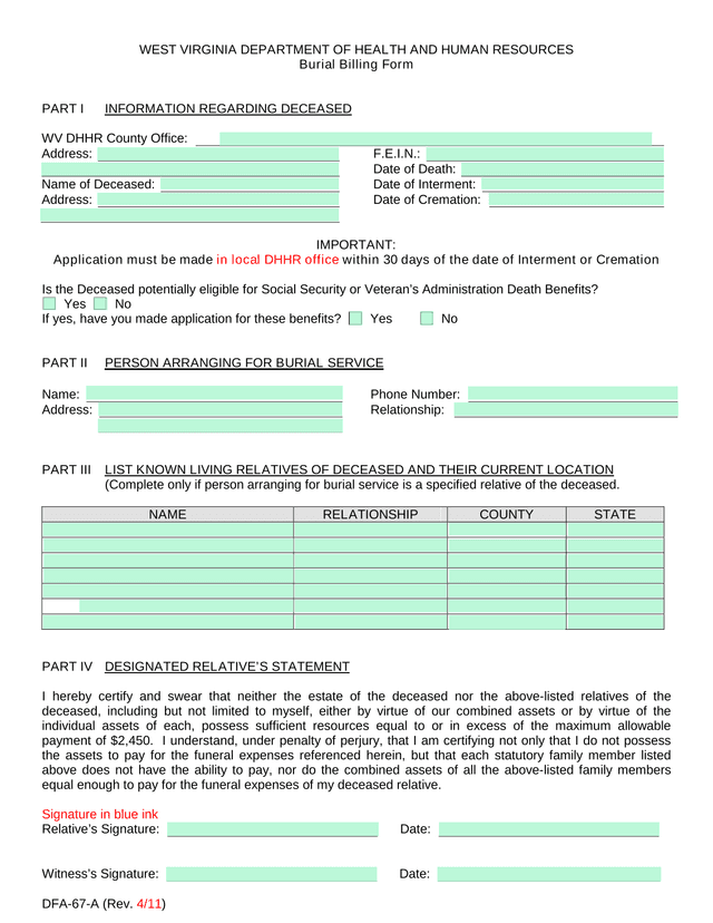 Burial Billing Form screenshot