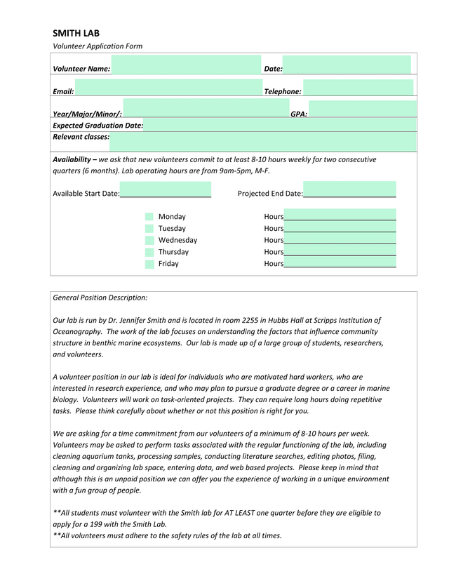 Smith Lab Volunteer Application Form screenshot