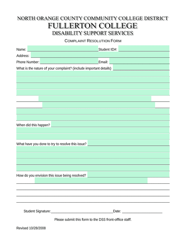 COMPLAINT RESOLUTION FORM screenshot