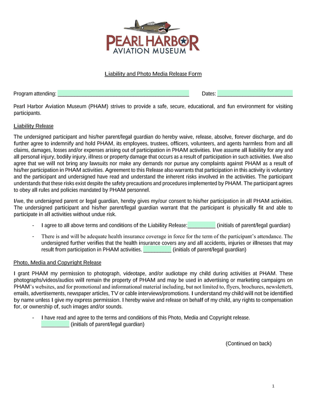 Liability And Photo Media Release Form screenshot