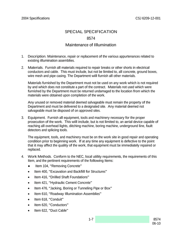 CSJ 6209 12 001 Special Specification 8574 Maintenance Of Illumination screenshot