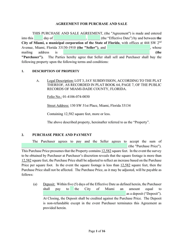 AGREEMENT FOR PURCHASE AND SALE screenshot